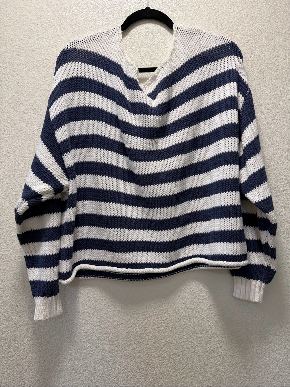 aerie Navy & White Striped V‑Neck Knit Sweater